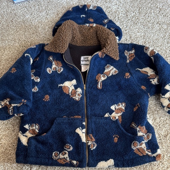 Corky & Company Blue and Brown Fleece Jacket with Dog Print Removable Hood